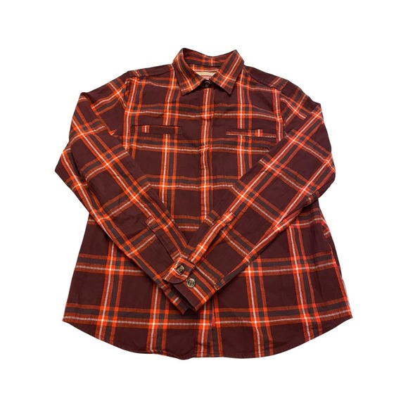 Stormy Kromer Tops - Stormy Kromer Womens Small Flannel Shirt Plaid Orange Brown 1903 Logo Button